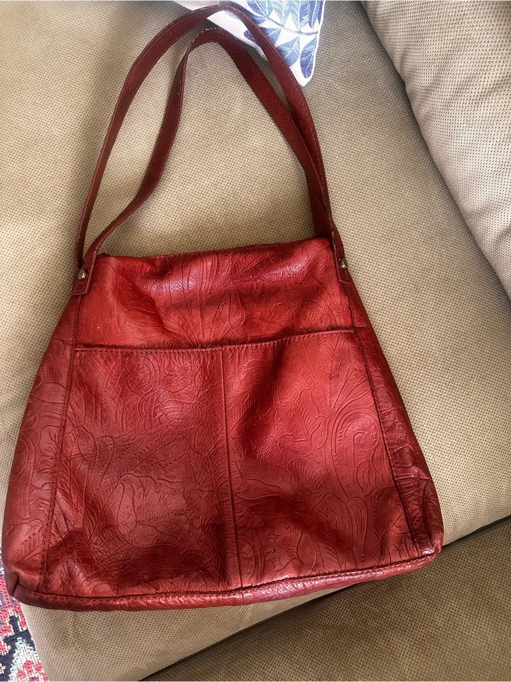 Brown Embossed “American Leather” Shoulder Bag with Double Straps